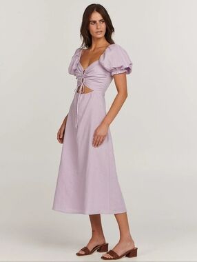 Charlie Holiday Healey Lilac Puff-Sleeve Midi Dress with Front Tie Cutout SZ